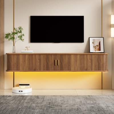 Wall-Mount Floating TV Cabinet with Built-In Cable Management, Sleek Modern Wooden Media Console with Open Shelves, 69'' L x 12'' W x 12'' H, Walnut