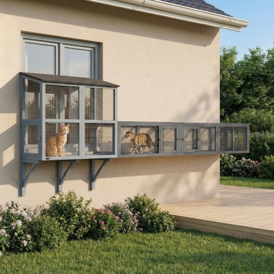 PawHut Cat Tunnel, Outdoor Cat Enclosure with Combinable Design, 8 Doors, 98" Kitty Toys for House, Window, Cage, Dark Grey