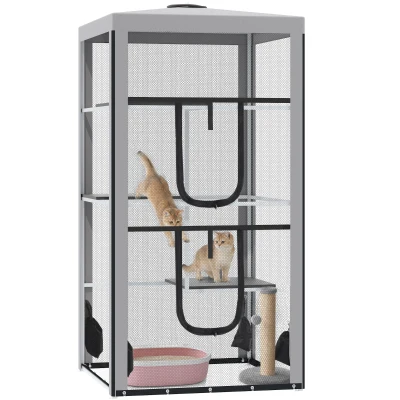 PawHut 79"H Catio Outdoor Cat Enclosure, Steel Frame Cat Cage with 3 Platforms, 2 Doors and 4 Sandbags for Stability