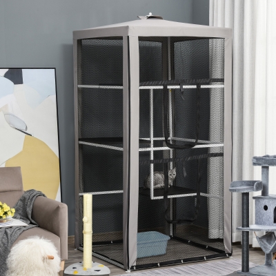 PawHut 79"H Catio Outdoor Cat Enclosure, Steel Frame Cat Cage with 3 Platforms, 2 Doors and 4 Sandbags for Stability