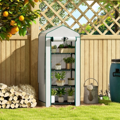 Outsunny Mini Greenhouse with Screen Roof, Portable Small Greenhouse with Roll-Up Zipper Door, 27.6" x 19.7" x 62.2", White