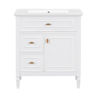 Spacious Vanity with Tip-Out Top Drawer and 2 Left-Side Drawers, Ideal Cabinet for Small-To-Medium Bathrooms, 30" L x 18.5" W x 33.5" H, White
