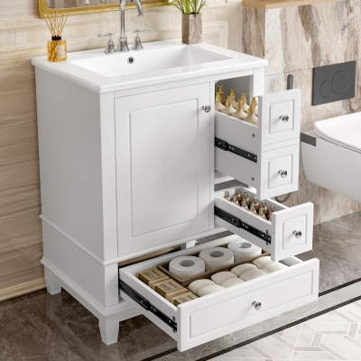 Spacious Bathroom Vanity with 3 Drawers and One-Door Cabinet, Freestanding Cabinet for Small Bathrooms, 24" L x 18.5" W x 34" H, White