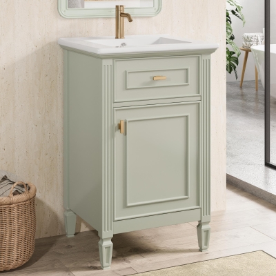 Functional Bathroom Vanity with Ceramic Sink and Tip-Out Top Drawer, Perfect Cabinet for Compact Bathrooms, 20" L x 18.5" W x 33.5" H, Green