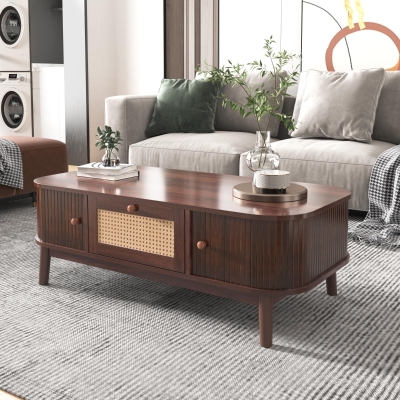 Rattan Coffee Table with Woven Drawers and Unique Sliding Cabinet Doors, Sliding Door Center table with Slatted Base, 43.5'' L x 21.5'' W x 15'' H, Wood
