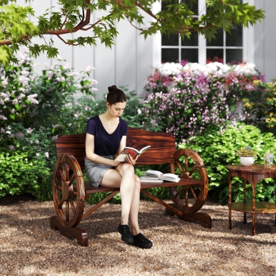 Outsunny Wooden Outdoor Bench, Garden Patio Loveseat with Wagon Wheel Armrests, 528LBS Capacity, Carbonized