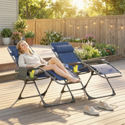 Outsunny Zero Gravity Chair Set of 2, Folding Reclining Outdoor Lounge Chair with Cup Holder, Headrest, Dark Blue
