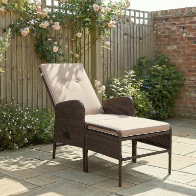 Outsunny 2 Pieces Patio Reclining Chair Set with Stool, Cushions, Outdoor Wicker Conversation Armchair Set, Brown