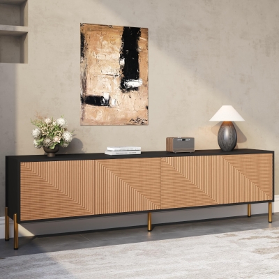 Modern TV Cabinet with Spacious Fully Enclosed Media Storage, Handle-Free 4-Door TV Stand with Slim Metal Legs, 70.5'' L x 14'' W x 21'' H, Black
