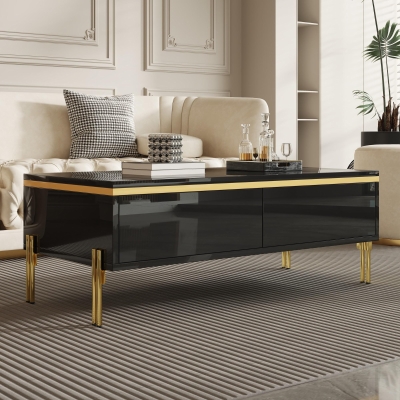 Modern High-Gloss Coffee Table with Hidden Dual Drawers, Stain-Resistant Center Table with Metal Legs, 39.5'' L x 19.5'' W x 14'' H, Black