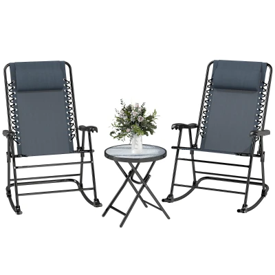 Outsunny 3pc Patio Rocking Chair Set, Folding Outdoor Rocking Chairs and Table Bistro Set w/ Breathable Mesh Seat & Backrest, Headrest for Park, Backyard, Garden, Grey