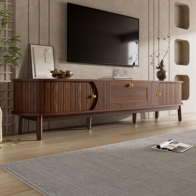 Sliding-Door TV Cabinet with Spacious Drawer and 2 Sliding Doors, Modern Wood TV Stand for Living Room, 67'' L x 15.5'' W x 15'' H, Walnut