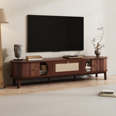 Rattan TV Cabinet with MDF Body and Solid Wood Legs, Bamboo Slat TV Stand with Sliding Door, 67'' L x 15.5'' W x 15'' H, Wood