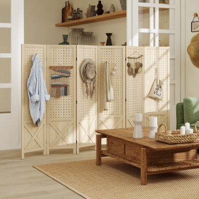 HOMCOM Wooden Room Divider with Pegboard Display, 6 Panel Folding Privacy Screen for Home Office, Natural Wood