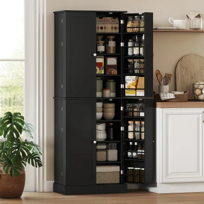 HOMCOM 65" Kitchen Pantry Cabinet with 4 Doors, 16 Shelves, Black