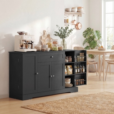 HOMCOM 55" Modern Kitchen Storage Cabinet with Drawer, Adjustable Shelves, Small Kitchen Pantry with Door Racks, Black