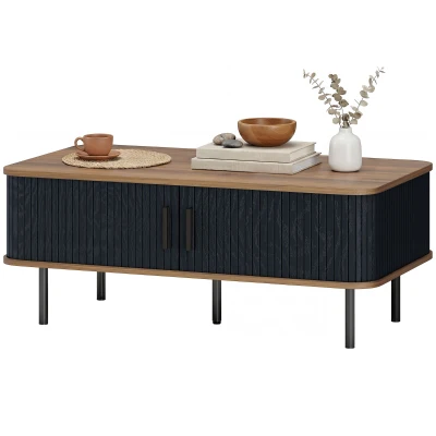 HOMCOM Nordic Side Table with Fluted Tambour Sliding Doors and Steel Legs, Coffee Table with Storage for Living Room, Black