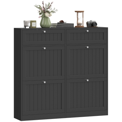 HOMCOM Shoe Cabinet with 2 Large Flip Drawers, Farmhouse Narrow Shoe Storage Cabinet with 2 Top Compartments, Black