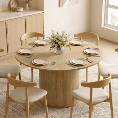 HOMCOM Round Dining Table for 4-6, 47 Inch Kitchen Table with Fluted Pedestal Base, for Kitchen Living Room Dining Room, Natural