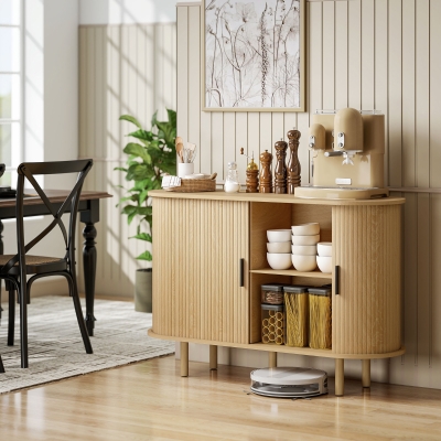 HOMCOM 47" Buffet Cabinet with Tambour Sliding Doors, Fluted Sideboard with Storage Shelves and Wooden Legs, Oak