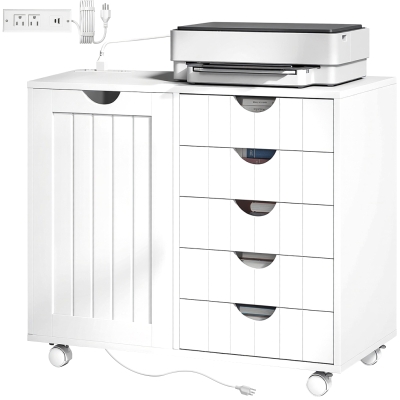 HOMCOM Mobile Lateral Filing Cabinet with 5 Drawers, Printer Stand with Power Outlets and USB Ports for Home Office, White