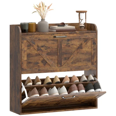 HOMCOM Narrow Shoe Storage Cabinet, Farmhouse Slim Shoe Cabinet with 2 Flip Drawers, Adjustable Shelves, Rustic Brown