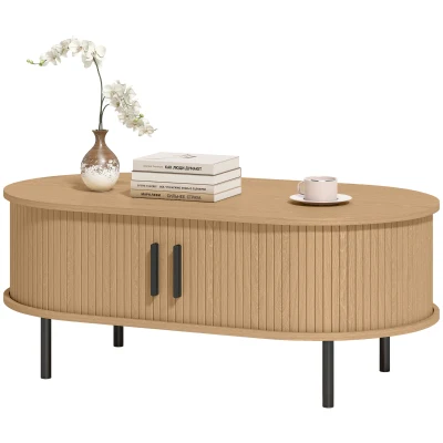 HOMCOM Coffee Table with Sliding Tambour Doors and Storage Center Table with Metal Legs, 39", Natural
