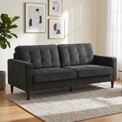 HOMCOM 3 Seater Sofa Upholstered with Padded Cushion Modern Button Tufted Couch with Wood Legs, Dark Grey