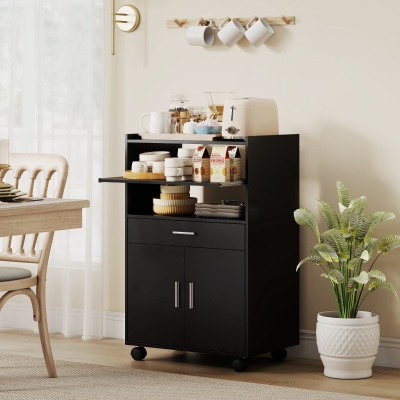 HOMCOM Microwave Cart with Wheels, Microwave Stand with Worktop, Open Shelves and Drawer, Storage Cabinet, Black