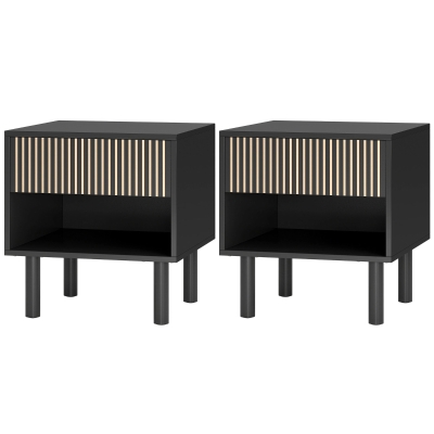 HOMCOM Modern Bedside Table with Drawer and Open Shelf, Sofa Side Table for Bedroom Living Room, Set of 2, Black