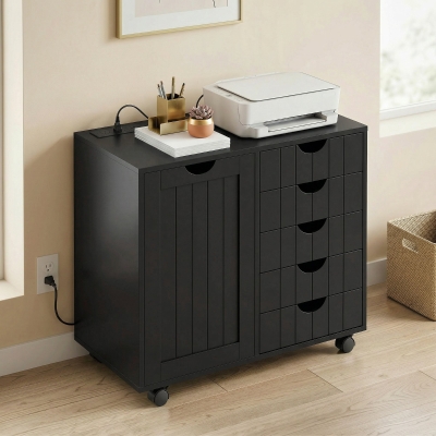 HOMCOM Mobile Lateral Filing Cabinet with 5 Drawers, Printer Stand with Power Outlets and USB Ports for Home Office, Black