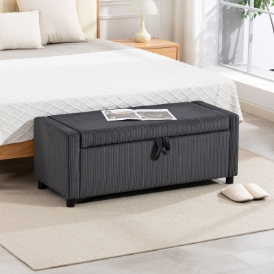 HOMCOM Storage Ottoman, Upholstered Corduroy End of Bed Bench with Thick Padding, Storage Bench for Bedroom, Dark Grey