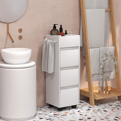 HOMCOM Slim Bathroom Cabinet, Bathroom Storage Cabinet with 4 Top Compartments, 3 Drawers & Towel Rack for Narrow Spaces, White
