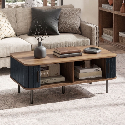 HOMCOM Nordic Side Table with Fluted Tambour Sliding Doors and Steel Legs, Coffee Table with Storage for Living Room, Black