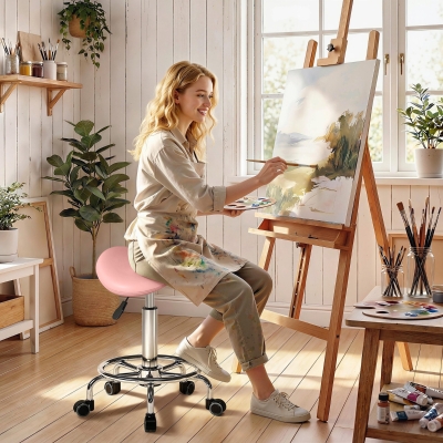 HOMCOM Saddle Stool, PU Leather Adjustable Rolling Salon Chair, Pink