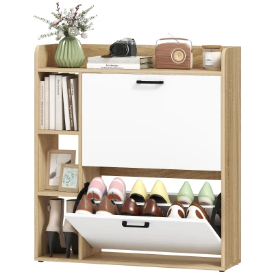 HOMCOM Shoe Cabinet with 2 Flip Drawers, 3 Side Compartments, Adjustable Shelves, 8-12 Pairs for Entryway Hallway, Natural