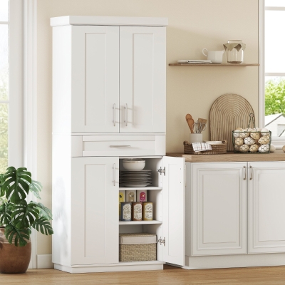 HOMCOM 72" Storage Cabinet, Freestanding Kitchen Pantry Cabinet with 4 Doors, Drawer and 3 Adjustable Shelves, White