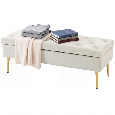 HOMCOM Upholstered Bedroom Bench with Gold Tone Metal Legs, Velvet Tufted and Thick Padding, Beige