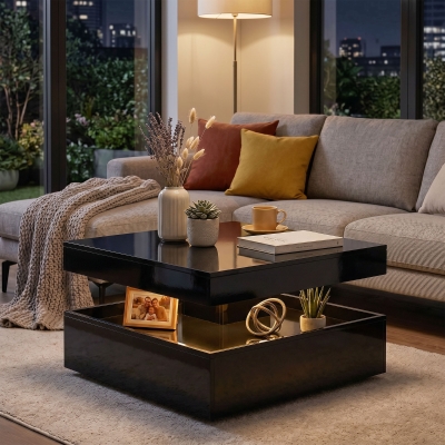 HOMCOM LED Coffee Table with Storage, 2-Tier Modern Center Table with Open Shelf and Remote for Living Room, High Gloss Black