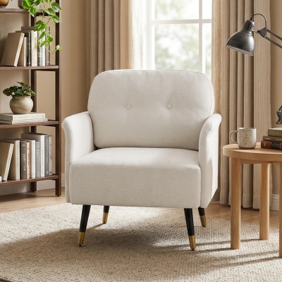 HOMCOM Accent Chair Modern Tufted with Metal Legs Upholstered Reading Armchair for Living Room Cream White