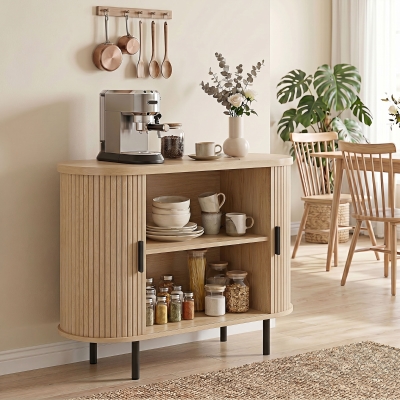 HOMCOM Sideboard Buffet Cabinet with Curved Tambour Doors and Storage, Natural Wood