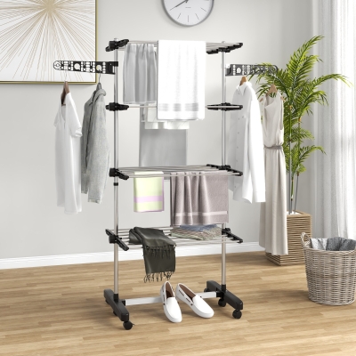 HOMCOM Garment Drying Rack Stainless Steel Folding Clothes Hanging Rack with Side Wings Castors for Indoor Outdoor Black