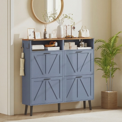 HOMCOM Shoe Storage Cabinet with 4 Flip Drawers, Farmhouse Narrow Shoe Cabinet, Holds Up to 24 Pairs, Blue