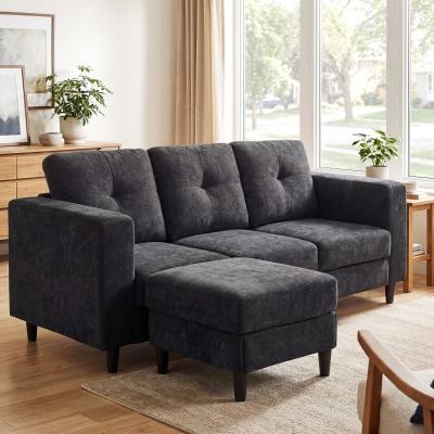 HOMCOM Sectional Sofa, L Shaped Couch with Changeable Chaise, Wooden Legs, Black