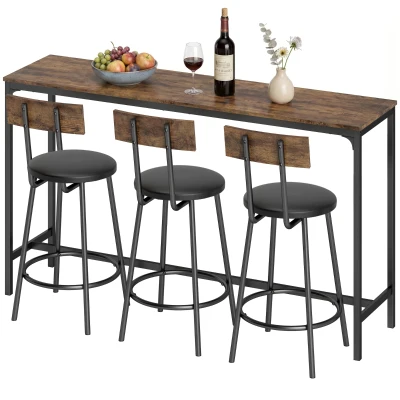 HOMCOM Bar Table Set Counter Height Barstools Set of 4 PU Cushioned Seats Rustic Brown