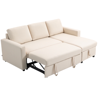 HOMCOM 83" Sofa Bed, Pull Out Sleeper L Shaped Sectional Couch with Reversible Storage Chaise, Wide and Deep Seat, Cream White