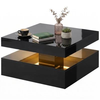 HOMCOM LED Coffee Table with Storage, 2-Tier Modern Center Table with Open Shelf and Remote for Living Room, High Gloss Black