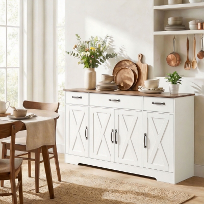 HOMCOM Sideboard Buffet Cabinet, 55" Farmhouse Kitchen Cabinet with 4 Barn Doors, 3 Drawers, 3 Adjustable Shelves, White