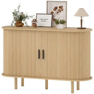 HOMCOM 47" Buffet Cabinet with Tambour Sliding Doors, Fluted Sideboard with Storage Shelves and Wooden Legs, Oak