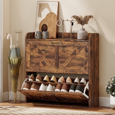 HOMCOM Narrow Shoe Storage Cabinet, Farmhouse Slim Shoe Cabinet with 2 Flip Drawers, Adjustable Shelves, Rustic Brown